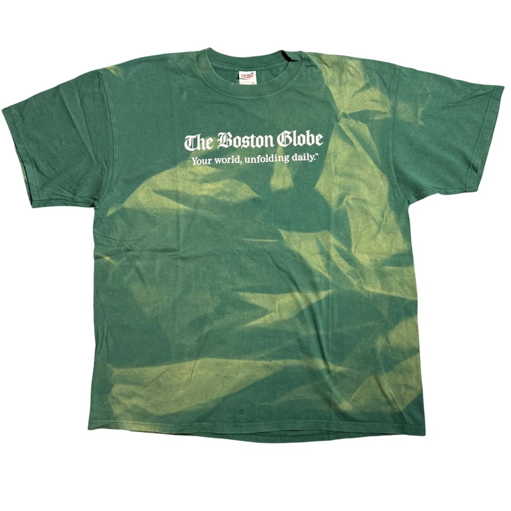Anvil The Boston Globe Bleach Dye Graphic T-Shirt Green XL Newspaper Promo